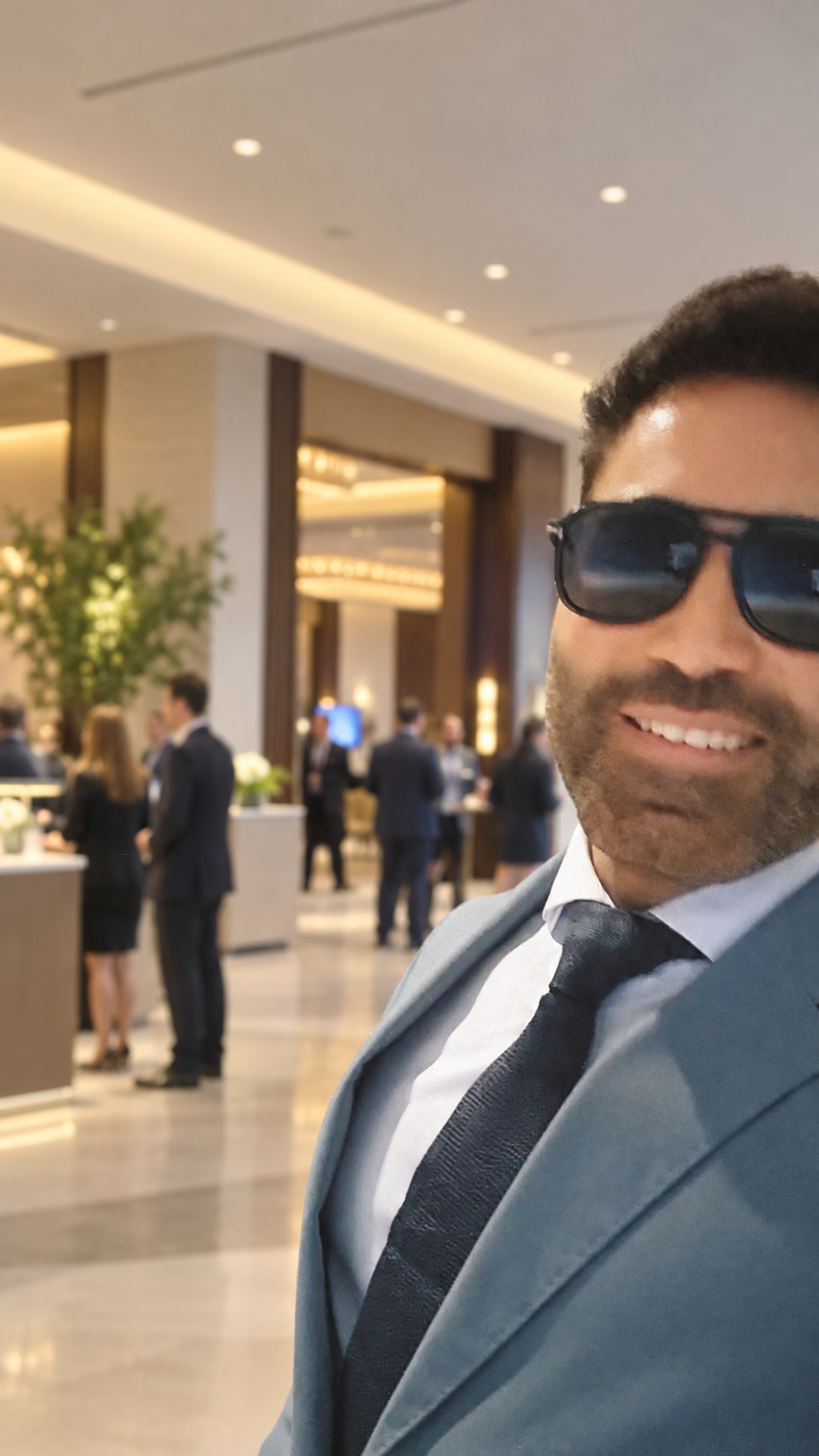 Bryan Blake wearing a suit and sunglasses against an AI-created conference background.